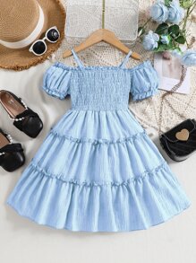 SHEIN 小女童挖肩打褶A字連衣裙 - 淺藍色 - 查看 2