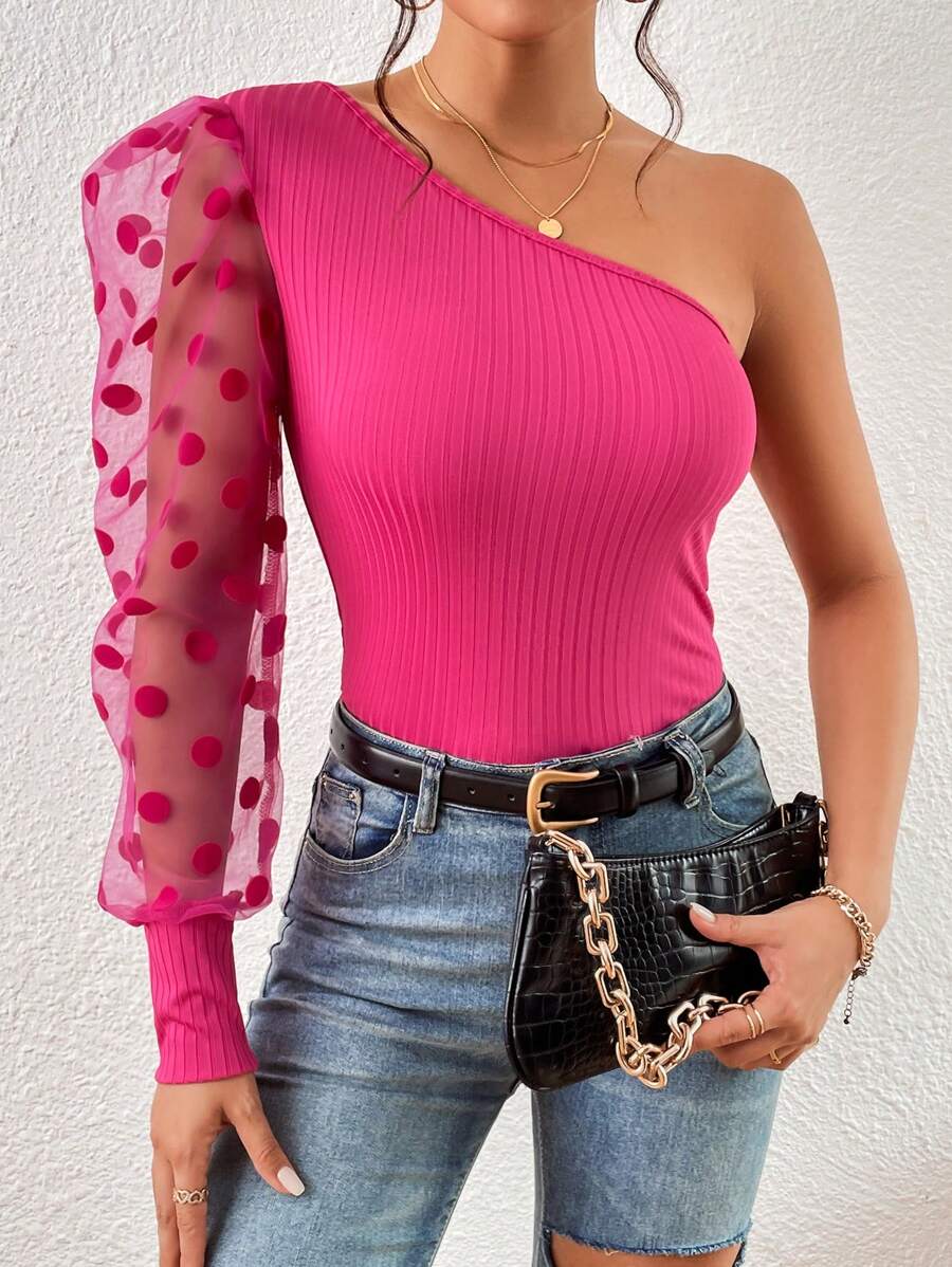 SHEIN Privé One Shoulder Contrast Dobby Mesh Lantern Sleeve Tee - Hot Pink - View 1