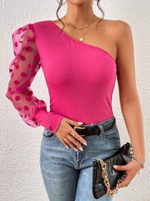 SHEIN Privé One Shoulder Contrast Dobby Mesh Lantern Sleeve Tee - Hot Pink - View 3