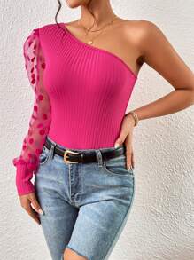 SHEIN Privé One Shoulder Contrast Dobby Mesh Lantern Sleeve Tee - Hot Pink - View 4