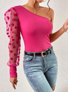 SHEIN Privé One Shoulder Contrast Dobby Mesh Lantern Sleeve Tee - Hot Pink - View 5
