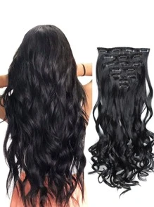 22英寸夹式接发，长款波浪卷发，7片装，隐形夹式加厚假发片，黑色，柔软全头合成纤维，女士适用 - 黑色 - 查看 1