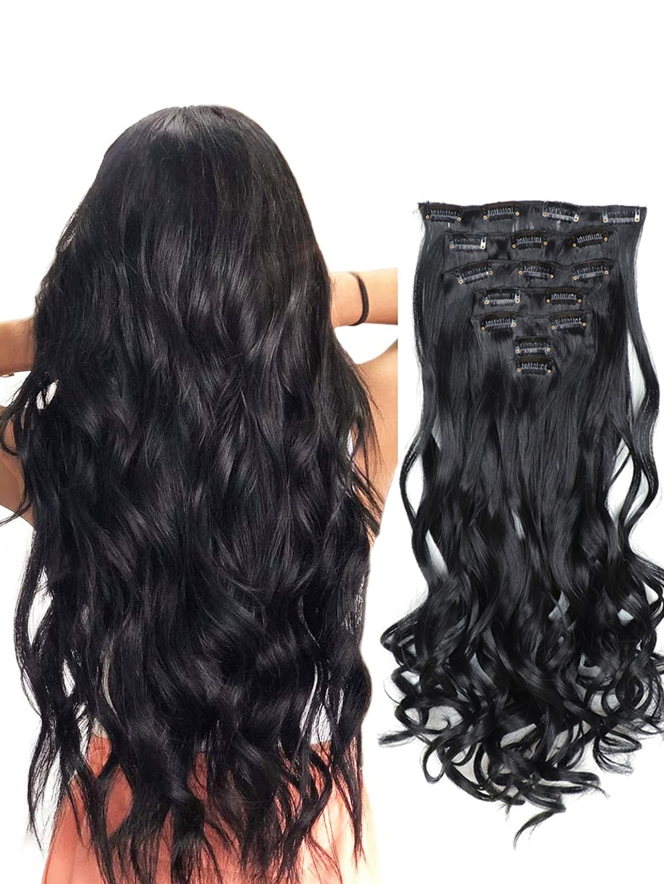 22英寸夹式接发，长款波浪卷发，7片装，隐形夹式加厚假发片，黑色，柔软全头合成纤维，女士适用 - 黑色 - 查看 1