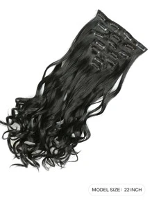 22英寸夹式接发，长款波浪卷发，7片装，隐形夹式加厚假发片，黑色，柔软全头合成纤维，女士适用 - 黑色 - 查看 2
