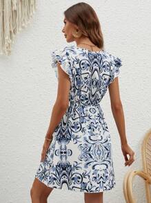 SHEIN VCAY 滿版印花荷葉邊連衣裙 - 藍白色 - 查看 2