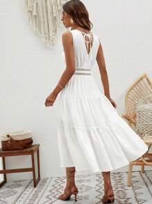 SHEIN VCAY Guipure Lace Insert Layered Hem Dress - White - View 2