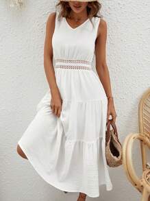 SHEIN VCAY Guipure Lace Insert Layered Hem Dress - White - View 3