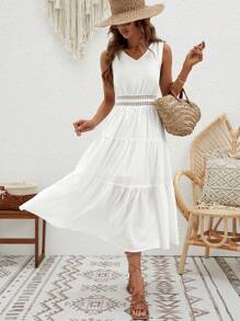 SHEIN VCAY Guipure Lace Insert Layered Hem Dress - White - View 4