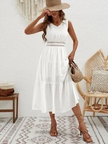 SHEIN VCAY Guipure Lace Insert Layered Hem Dress - White - View 5