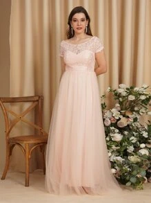 BABYONLINE D.R.E.S.S. Contrast Lace Mesh Overlay Maxi Formal Dress - Pink - View 1