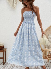 SHEIN VCAY 滿版印花抹胸洋裝 - 藍白色 - 查看 3