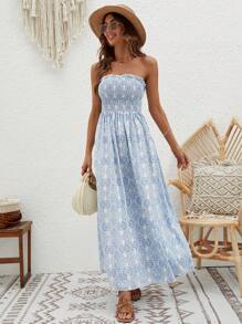 SHEIN VCAY 滿版印花抹胸洋裝 - 藍白色 - 查看 4