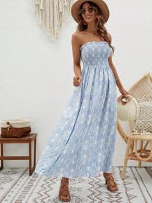 SHEIN VCAY 滿版印花抹胸洋裝 - 藍白色 - 查看 5