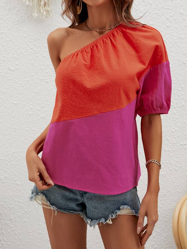 SHEIN VCAY Colorblock One Shoulder Drop Shoulder Blouse | SHEIN USA