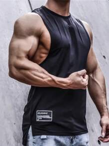 SHEIN Fitness Camiseta de tirantes deportiva de compresión con gráfico de letras y bajo dividido, estilo novio para hombres - Negro - Ver 1