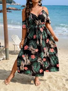 SHEIN Holidaya 大碼熱帶圖案挖肩高衩繫腰帶洋裝 - 黑色 - 查看 1