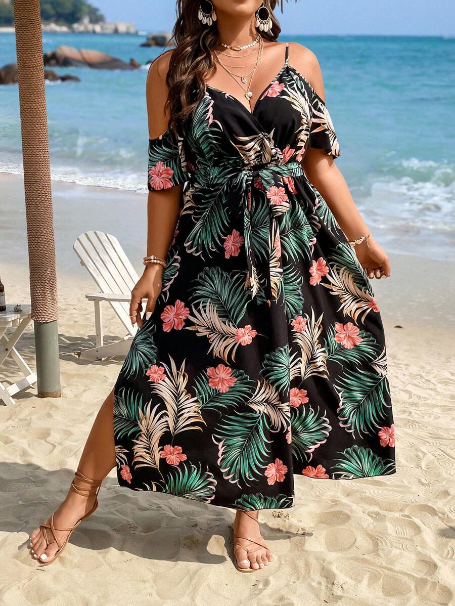 SHEIN Holidaya 大碼熱帶圖案挖肩高衩繫腰帶洋裝 - 黑色 - 查看 1