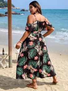 SHEIN Holidaya 大碼熱帶圖案挖肩高衩繫腰帶洋裝 - 黑色 - 查看 2