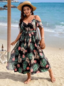 SHEIN Holidaya 大碼熱帶圖案挖肩高衩繫腰帶洋裝 - 黑色 - 查看 4