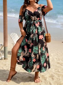 SHEIN Holidaya 大碼熱帶圖案挖肩高衩繫腰帶洋裝 - 黑色 - 查看 5