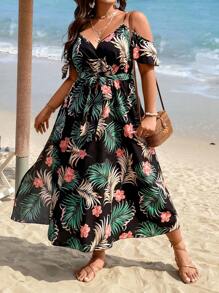 SHEIN Holidaya 大碼熱帶圖案挖肩高衩繫腰帶洋裝 - 黑色 - 查看 8
