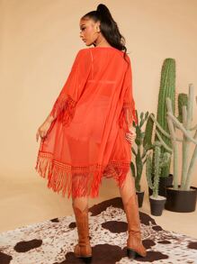 SHEIN SXY Fringe Trim Open Front Coat - Orange - View 2