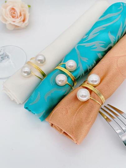 12pcs Gold Shiny Large Pearl Design Napkin Rings, Spring Faux Pearl Inlaid Napkin Clips For Holiday Dining, Wedding, Hotel Table Setting