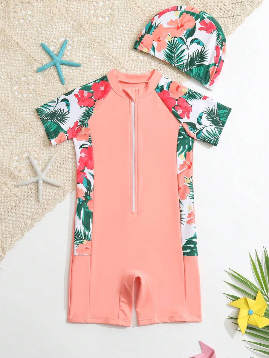 Toddler Girls Tropical Print Zipper Front One Piece Swimsuit With Swim Cap - Coral Pink - View 1