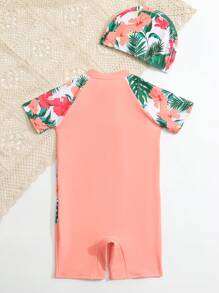 Toddler Girls Tropical Print Zipper Front One Piece Swimsuit With Swim Cap - Coral Pink - View 2