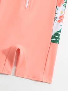 Toddler Girls Tropical Print Zipper Front One Piece Swimsuit With Swim Cap - Coral Pink - View 3