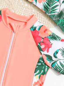 Toddler Girls Tropical Print Zipper Front One Piece Swimsuit With Swim Cap - Coral Pink - View 4