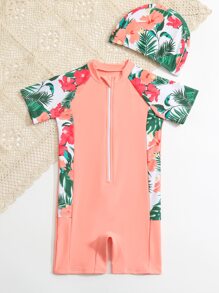Toddler Girls Tropical Print Zipper Front One Piece Swimsuit With Swim Cap - Coral Pink - View 5