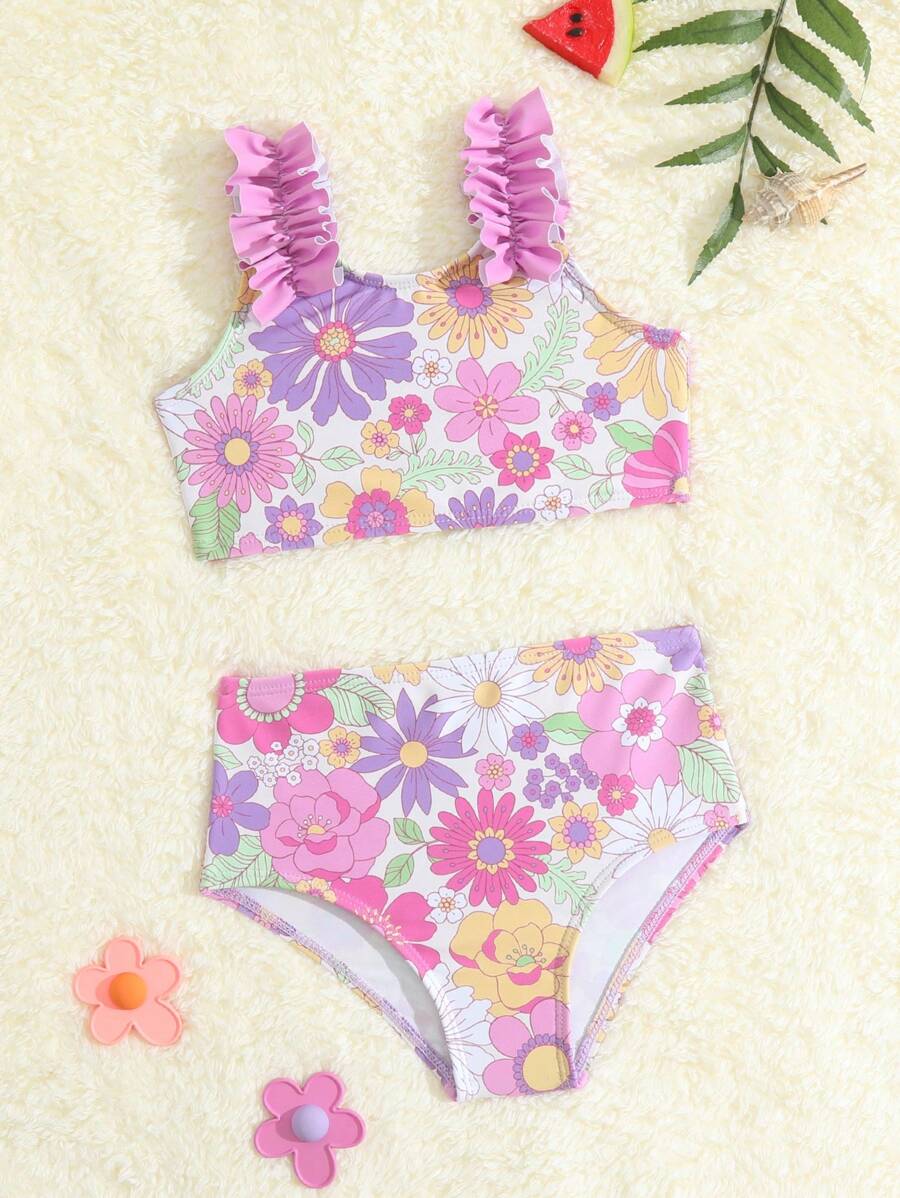 Ropa de playa de verano con estampado floral y ribete de volantes para bebé niña - Multicolor - Ver 1