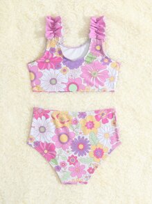 Ropa de playa de verano con estampado floral y ribete de volantes para bebé niña - Multicolor - Ver 2