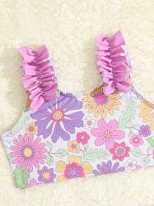 Ropa de playa de verano con estampado floral y ribete de volantes para bebé niña - Multicolor - Ver 3