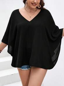 SHEIN LUNE Blusa unicolor de manga murciélago de cuello V - Negro - Ver 1