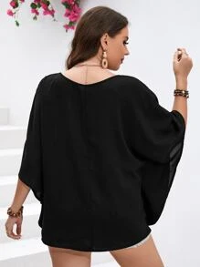 SHEIN LUNE Blusa unicolor de manga murciélago de cuello V - Negro - Ver 2