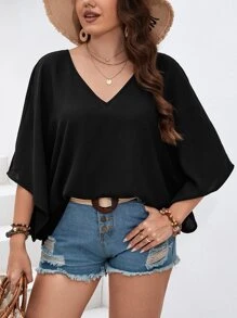 SHEIN LUNE Blusa unicolor de manga murciélago de cuello V - Negro - Ver 3