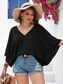SHEIN LUNE Blusa unicolor de manga murciélago de cuello V - Negro - Ver 4