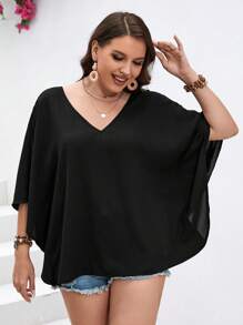 SHEIN LUNE Blusa unicolor de manga murciélago de cuello V - Negro - Ver 6