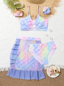 青少年女孩鱼鳞印花比基尼套装带沙滩裙夏季海滩 - 彩色 - 查看 1