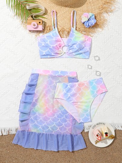 青少年女孩鱼鳞印花比基尼套装带沙滩裙夏季海滩