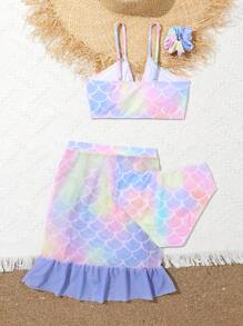 青少年女孩鱼鳞印花比基尼套装带沙滩裙夏季海滩 - 彩色 - 查看 2