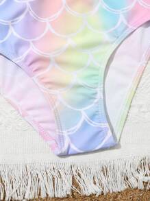 青少年女孩鱼鳞印花比基尼套装带沙滩裙夏季海滩 - 彩色 - 查看 3