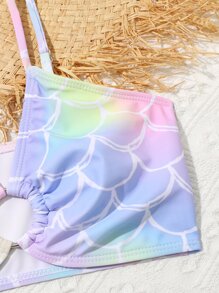 青少年女孩鱼鳞印花比基尼套装带沙滩裙夏季海滩 - 彩色 - 查看 4