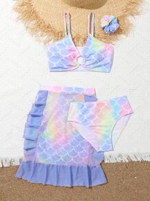 青少年女孩鱼鳞印花比基尼套装带沙滩裙夏季海滩 - 彩色 - 查看 5