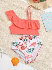 Young Girl Tropical Print Ruffle Trim Cut Out One Piece Swimsuit - Watermelon Pink - View 1