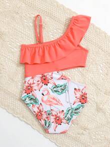 Young Girl Tropical Print Ruffle Trim Cut Out One Piece Swimsuit - Watermelon Pink - View 2