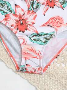 Young Girl Tropical Print Ruffle Trim Cut Out One Piece Swimsuit - Watermelon Pink - View 3