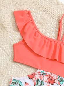 Young Girl Tropical Print Ruffle Trim Cut Out One Piece Swimsuit - Watermelon Pink - View 4